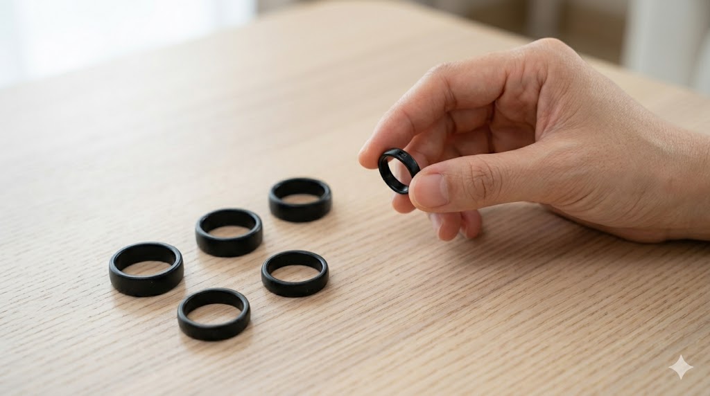 テーブルの上に並べられた黒いサイジングキット（サイズ確認用リング）。女性の手が、その中から一つを選び、人差し指にはめてサイズを確かめている