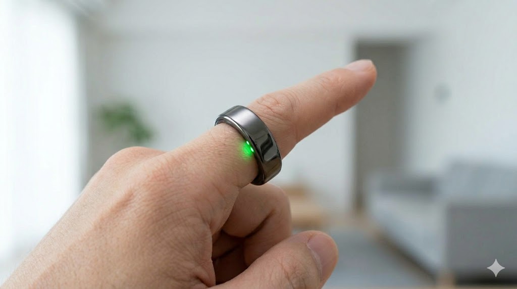 ランナーの指に装着されたスマートリングの裏側から、緑色のLED光が皮膚に照射されている心拍数計測