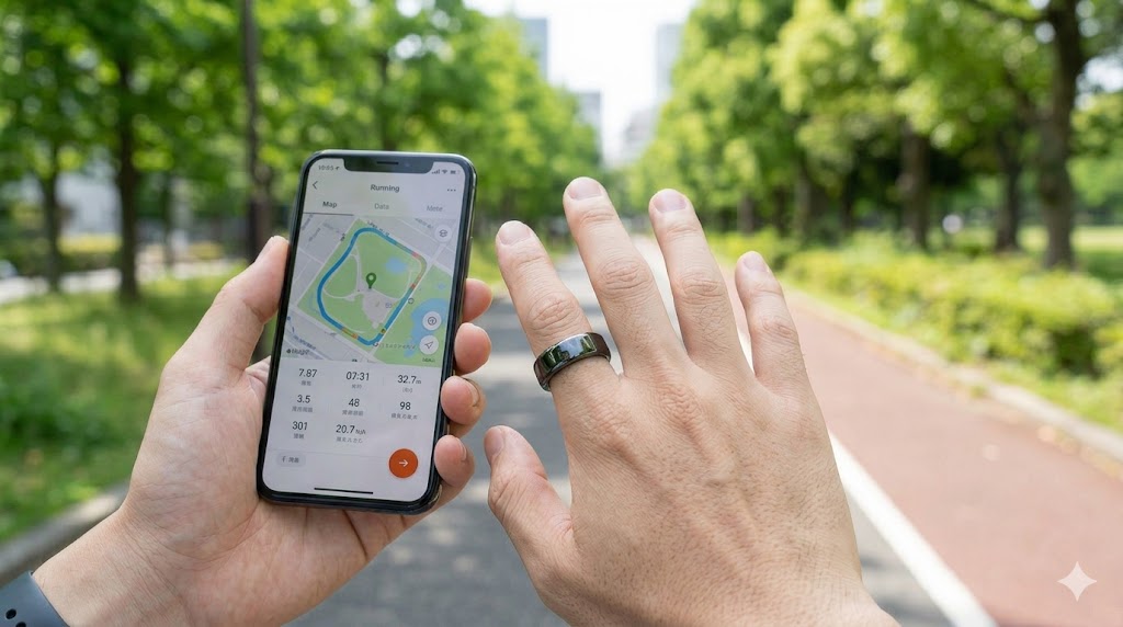 屋外のランニングパスで、日本人ランナーが片手にスマートフォンを持ち、もう片方の指にスマートリングを着用している手元のクローズアップ。リングとスマホがGPSで連携