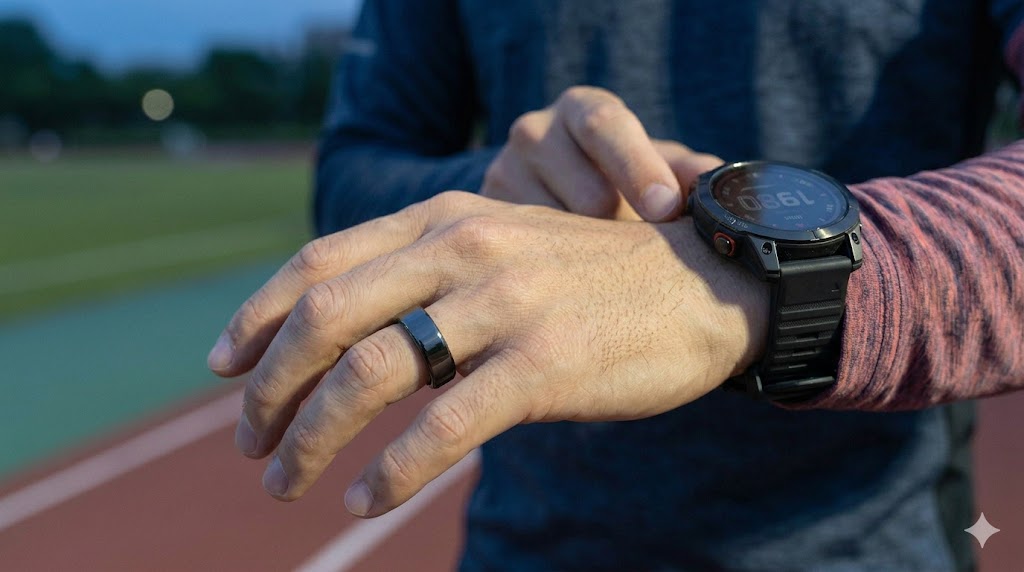 日本人ランナーの手元で、指にスマートリング、同じ手の手首にスマートウォッチを着用し、両方のデバイスを併用してランニングデータを計測している