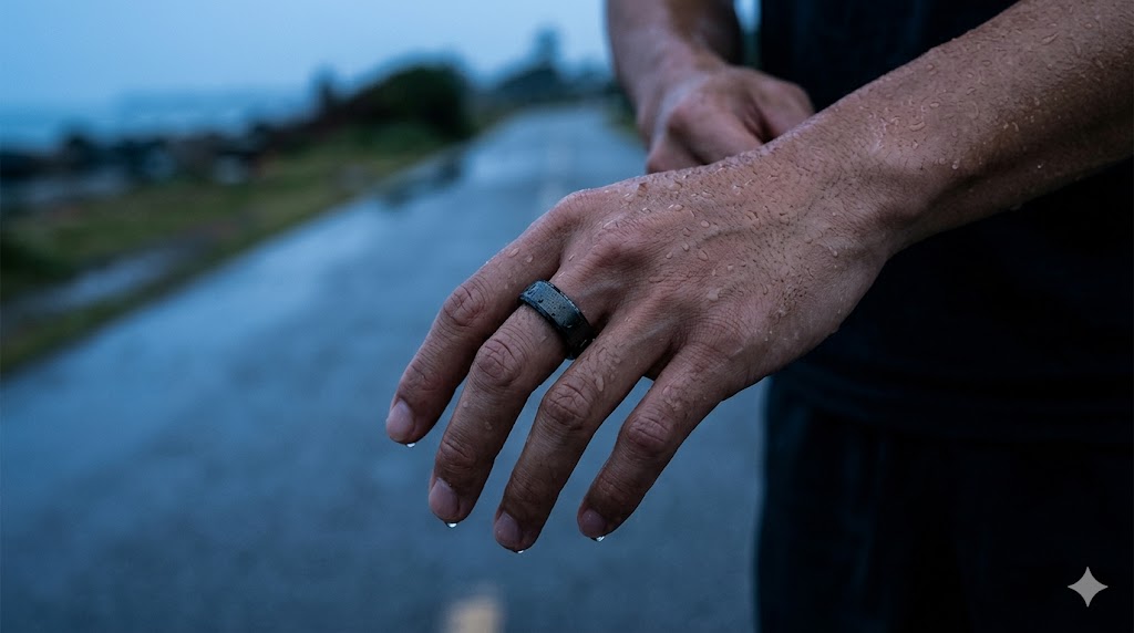 汗や雨で濡れたスマートリングを人差し指に着用した日本人ランナーの手元のクローズアップ。水滴が弾く様子が、過酷な環境下でも機能するタフな防水性能
