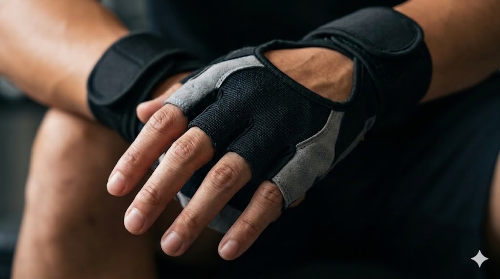 トレーニンググローブの隙間から見える、バーベルの摩擦や衝撃から保護された状態のスマートリング