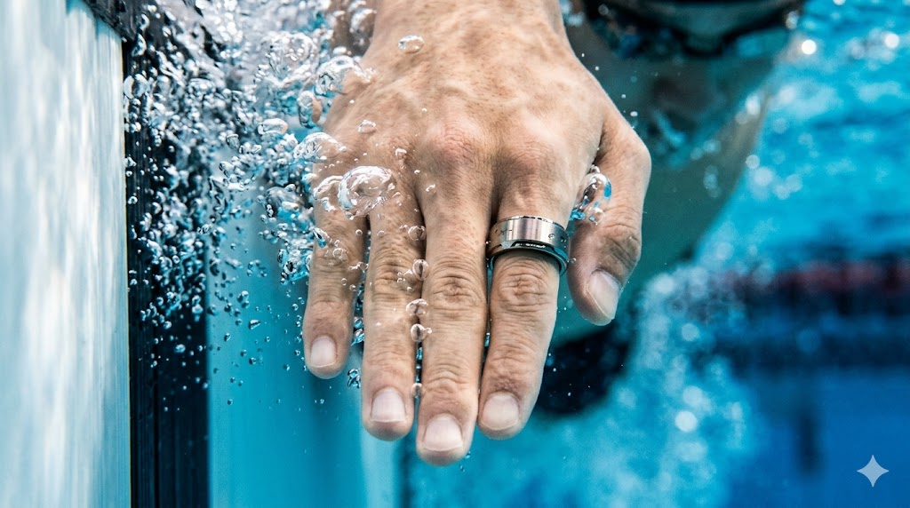 プールでの激しい水圧と動圧に耐える10ATM防水仕様のスマートリングを装着
