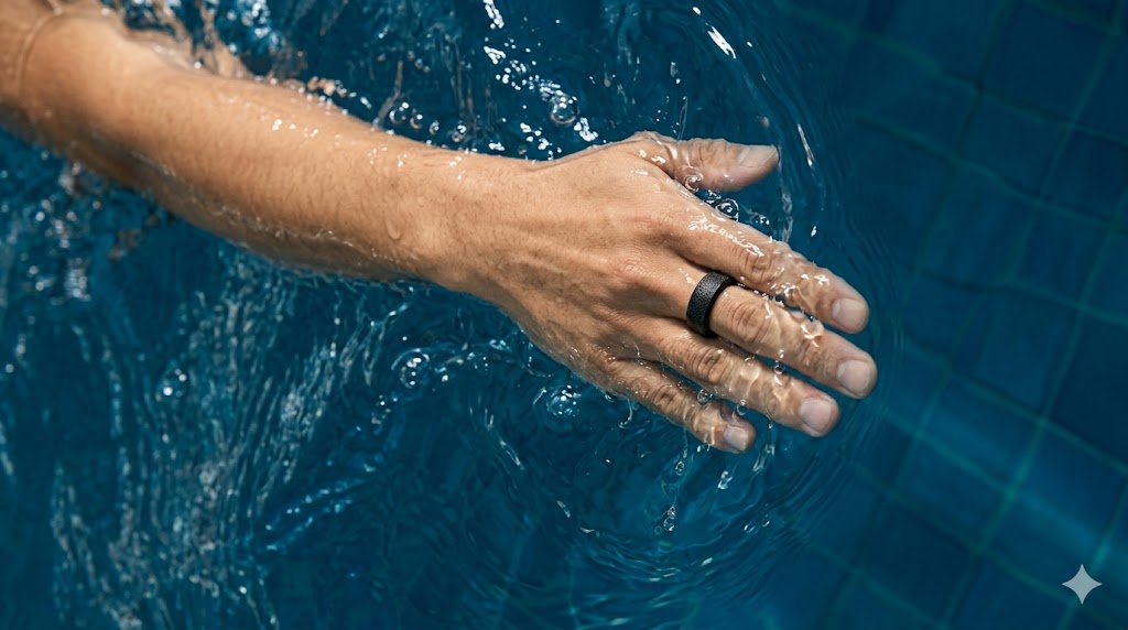 プールの水中を力強く進む手元と、激しい動水圧に耐える高い防水性能を備えたチタン製スマートリング