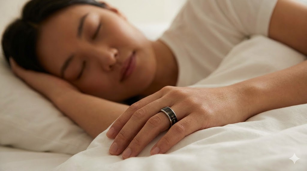 就寝中のベッドで指にスマートリングを着用し、24時間の睡眠・心拍変動データを計測