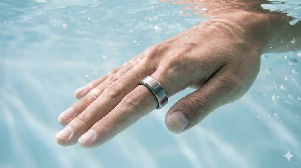 水泳中に水の抵抗を最小限に抑えるチタン製のスマートリングを指に装着してプールを泳ぐ