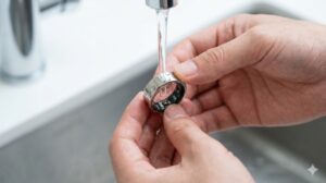 水泳後にプールの塩素を落とすため蛇口の真水でスマートリングを丁寧に洗浄